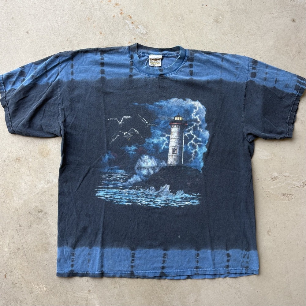 Vintage 90s Lighthouse Lightning Tie Dye Shirt Mens 2XL XXL Made in USA Nature